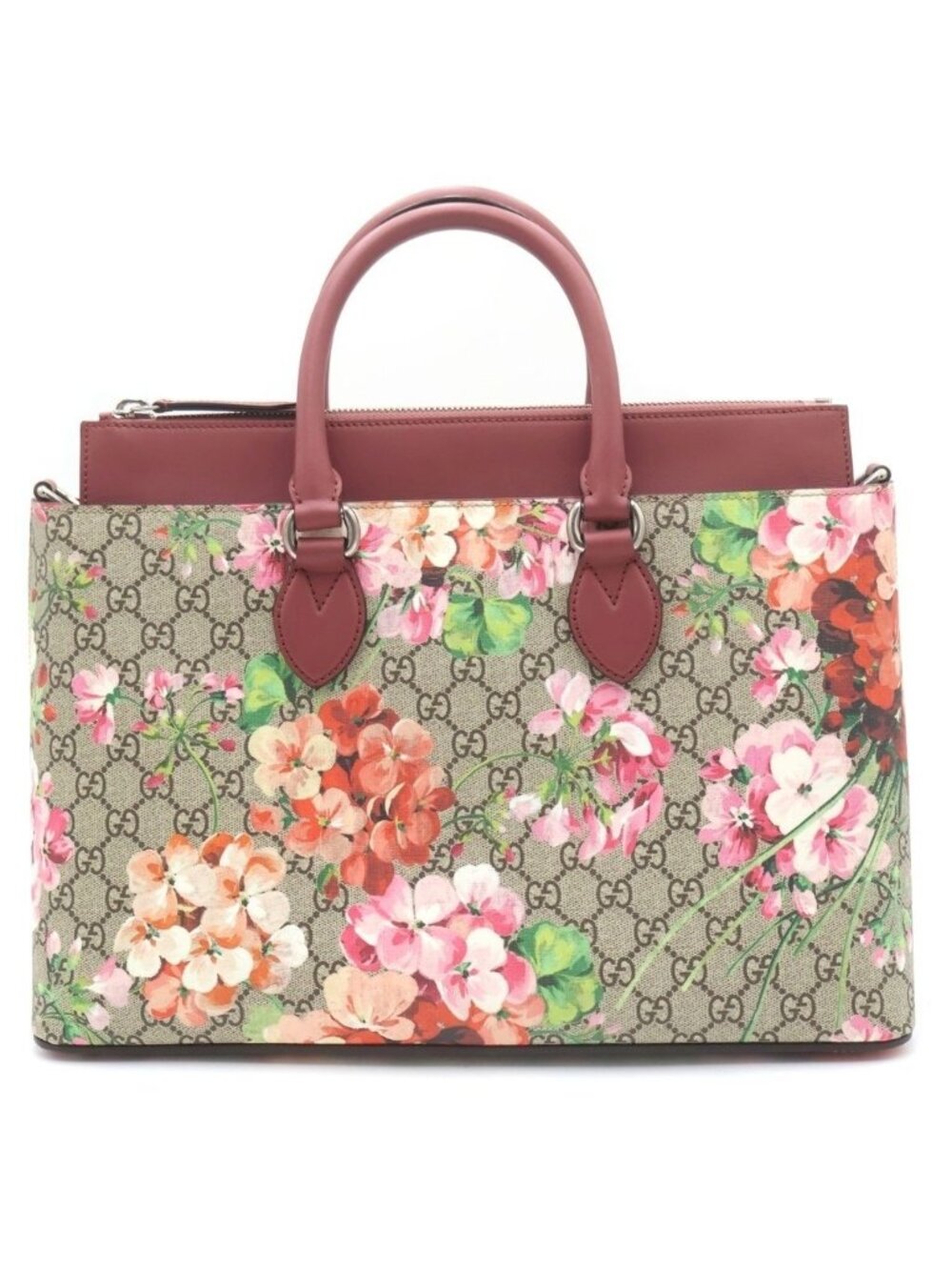 Gucci GG Blooms 2-Way Shoulder Bag Beige Pink Leather Silver